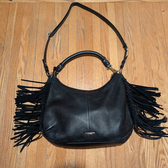 Danier Handbags - DANIER Black Pebbled Leather Fringe Hobo Bag - Boho Chic